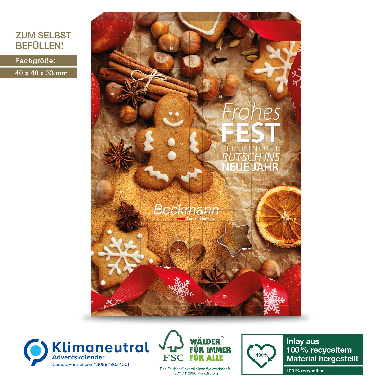 Adventskalender Universal, Klimaneutral, FSC®, Inlay aus 100% recyceltem Material